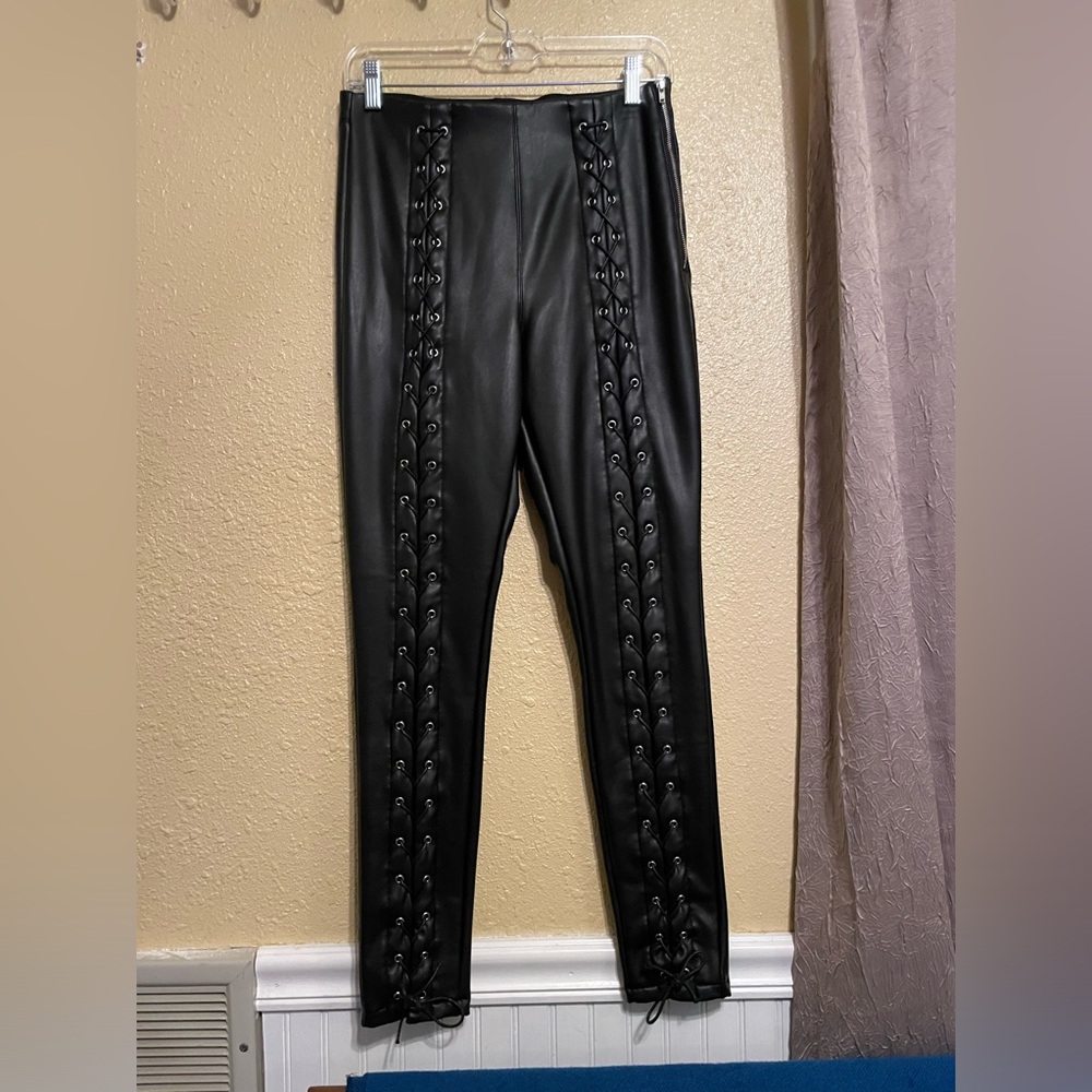 Topshop Womens Faux Leather Black Pants Lace Up Leg Elastic Waist Side Zip Sz 8